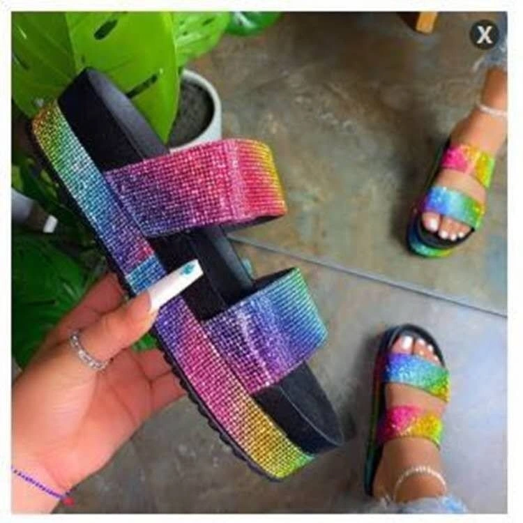Colorful Rhinestone Platform Slippers for Ladies Women Large Size Slippers Sandals