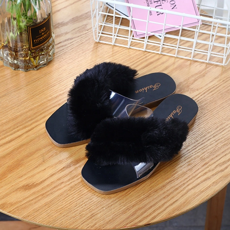 Ladies Fashion Fuzzy Fluffy Fur Cross Upper Outdoor Indoor Slipper Sandals