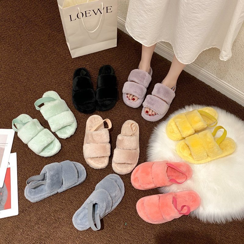 2020 Latest Ladies Fur Sandals, Women Fur Slippers Wholesale, Two Strap Furry Slippers