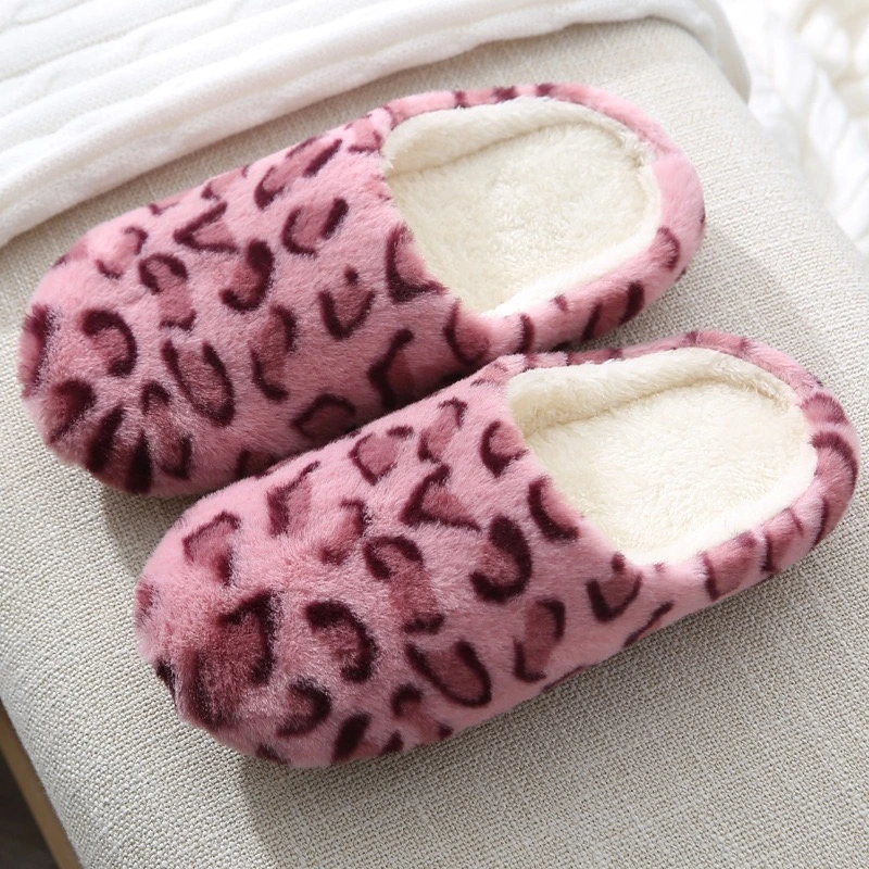 Ladies Cheap Fuzzy Furry Indoor Sandals, Plush House Faux Fur Leopard Print Slippers for Women