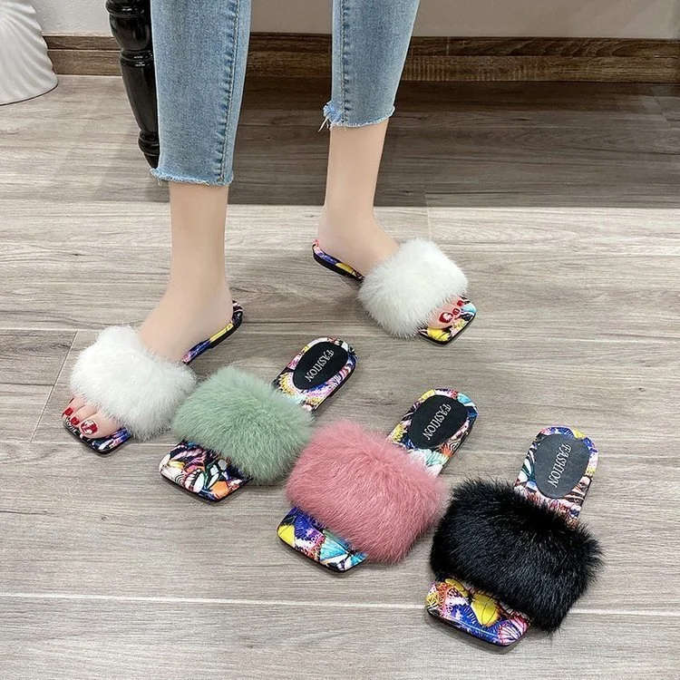 2020 Wholesale Fur Slippers Women Fashion Open Toe Slides Sweet Wind Furry Sandals Slippers
