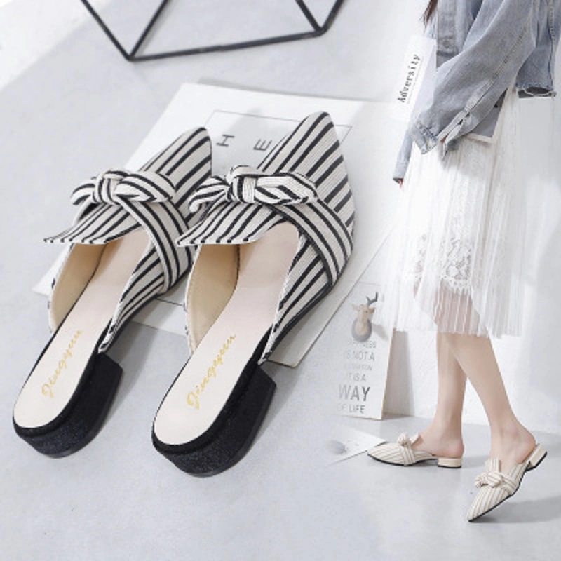 Women Sandals Ladies Girls Vintage Striped Bowknot Slipper Casual Sandals Fashion Point Toe Slippers Esg141410