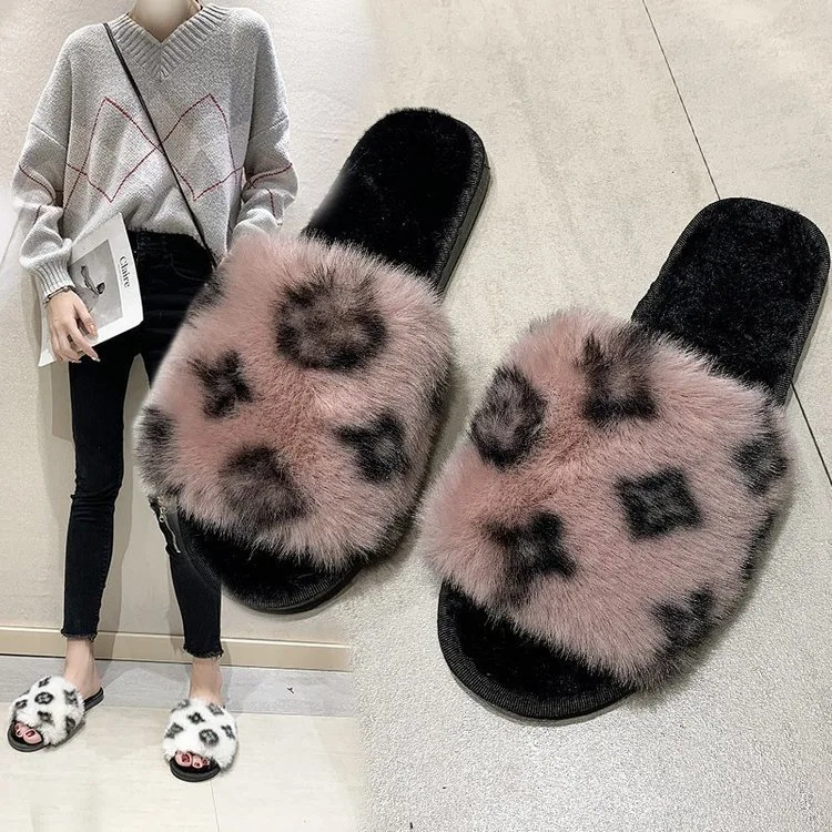 Free Shipping Fashion Korean Style Leopard Pattern Sandals Women's Bedroom Leisure Fluffy Slippers