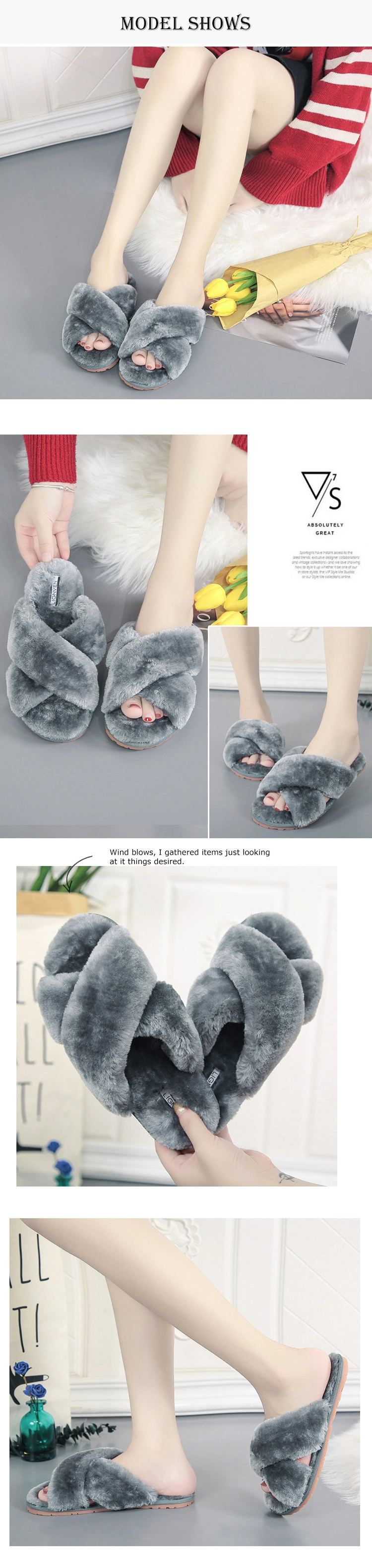 Wholesale Fur Slipper Non-Slip Thick Bottom Fluff Sliders Slippers Women