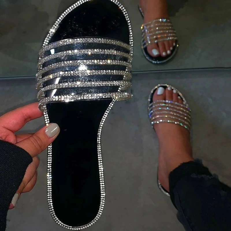 Flats Slippers for Women, Open-Toe Women Sandals, Rhinestone Women Slippers Shoes