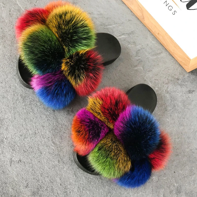 Fox Fur Ball Slippers Women, Fashion Fur Flat Slippers for Women Ladies, Wholesale Fur Slippers