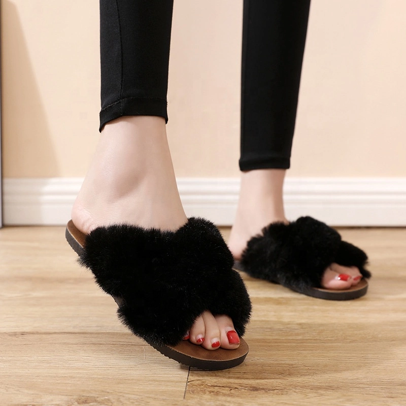 Ladies Fashion Furry Fluffy Fur Cross Upper Plush Outdoor Indoor Slipper Sandals