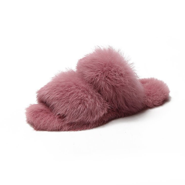 Two Strap Women Fashion Plush Slides Outdoor Flat Furry Sandals Wholesale Fur Slippers for Lady
