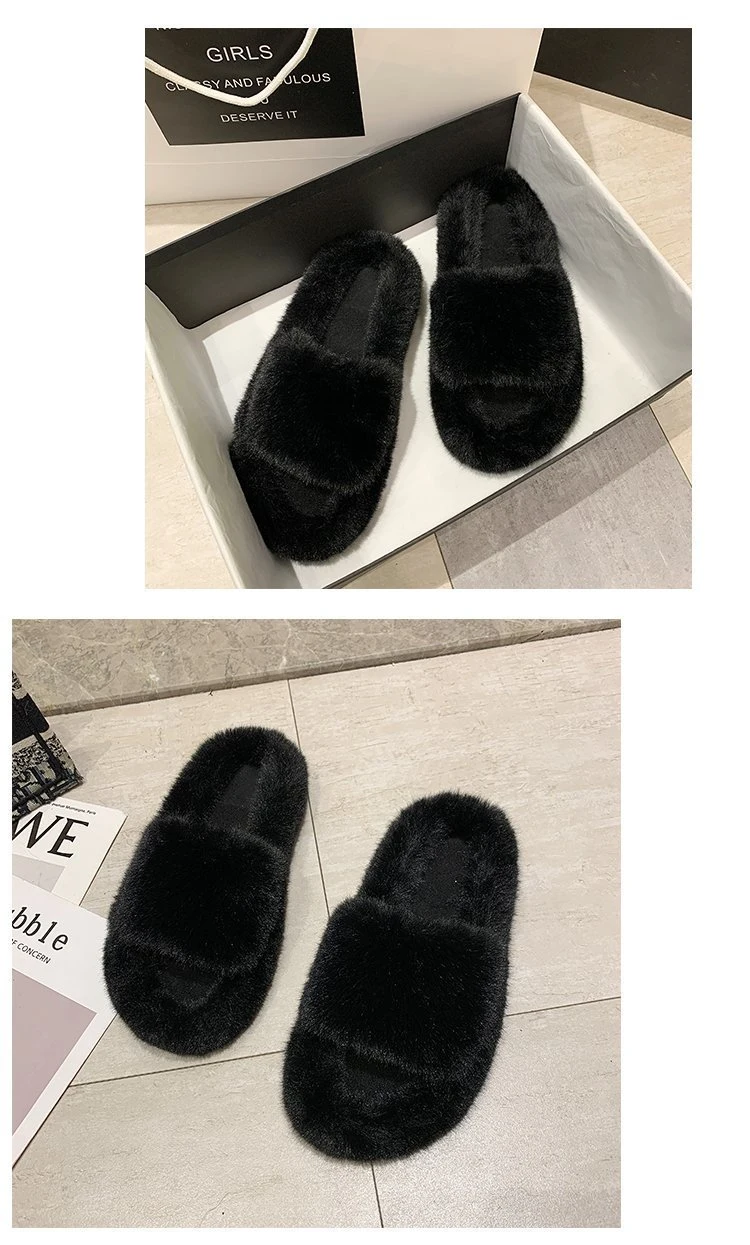 High Quality Wholesale Fur Slippers Women Slide Sandals Flat Bottom Rabbit Furry Slippers