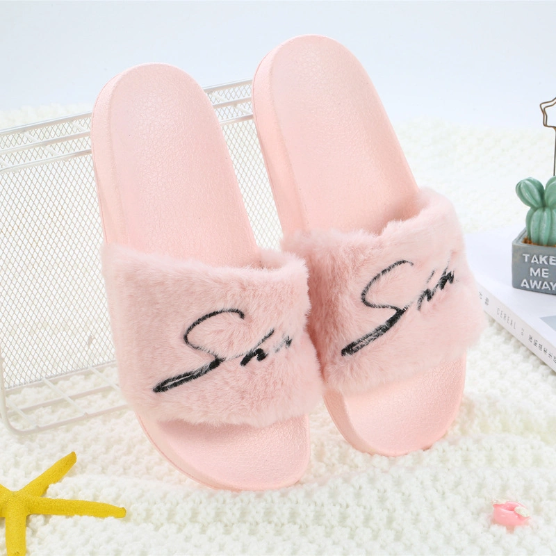 Ladies Fur Slide Sandals Slippers, Faux Fur Slides Slipper Fuzzy Plush Slippers Women