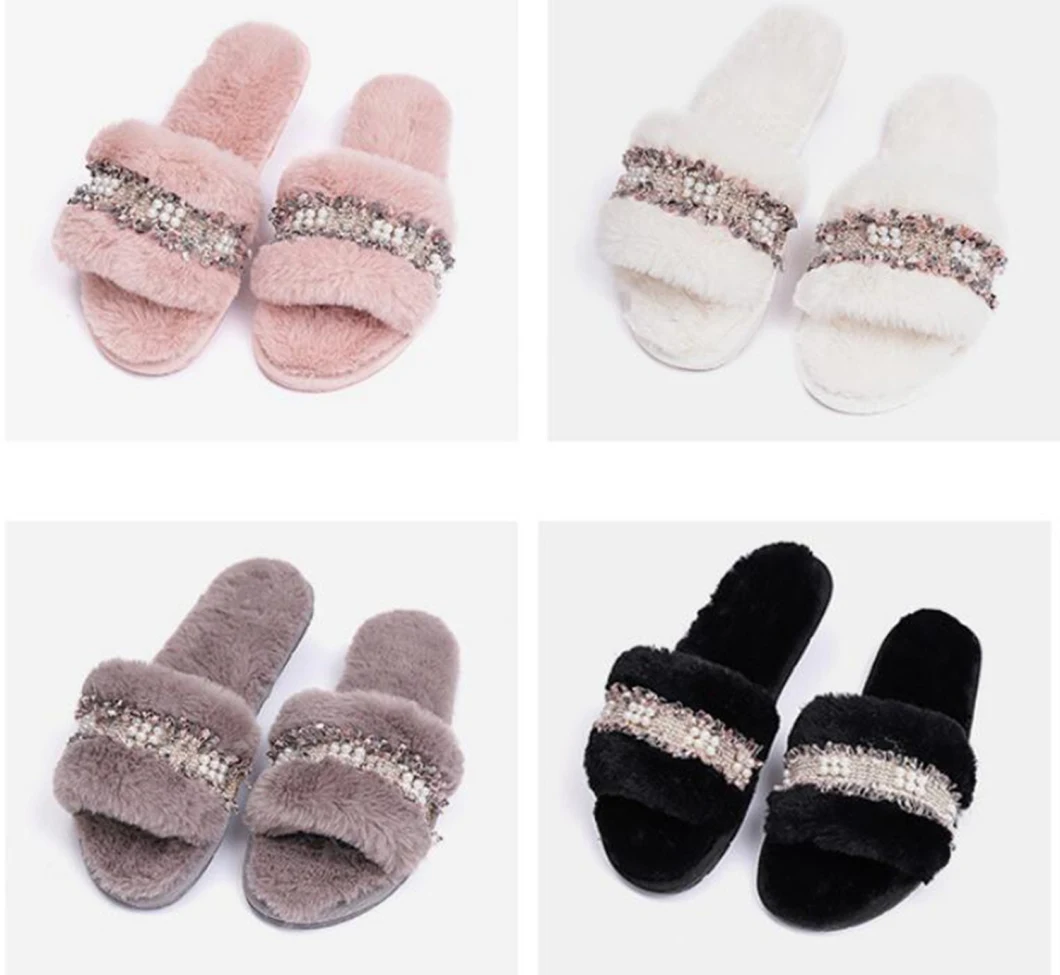 Open Toe Slippers Diamond Accessory Women's Fur Slider Sandal Plush Indoor Casual Slippers Shoes