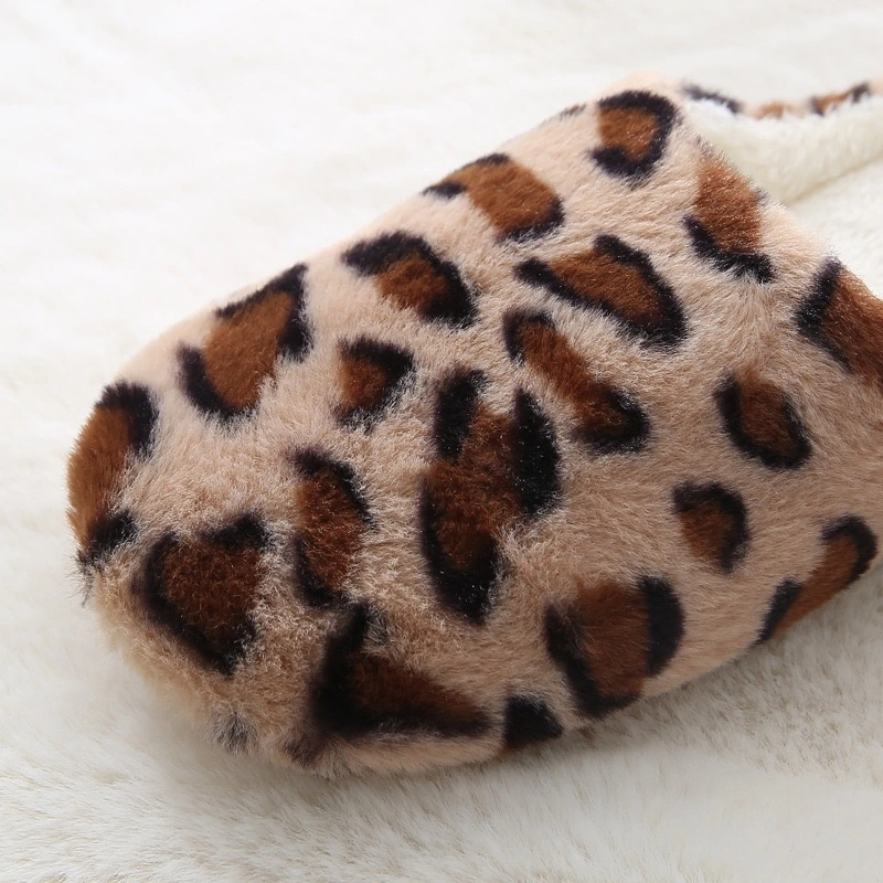 Ladies Cheap Fuzzy Furry Indoor Sandals, Plush House Faux Fur Leopard Print Slippers for Women