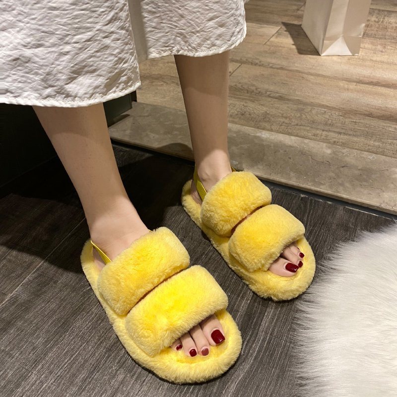 2020 Latest Ladies Fur Sandals, Women Fur Slippers Wholesale, Two Strap Furry Slippers