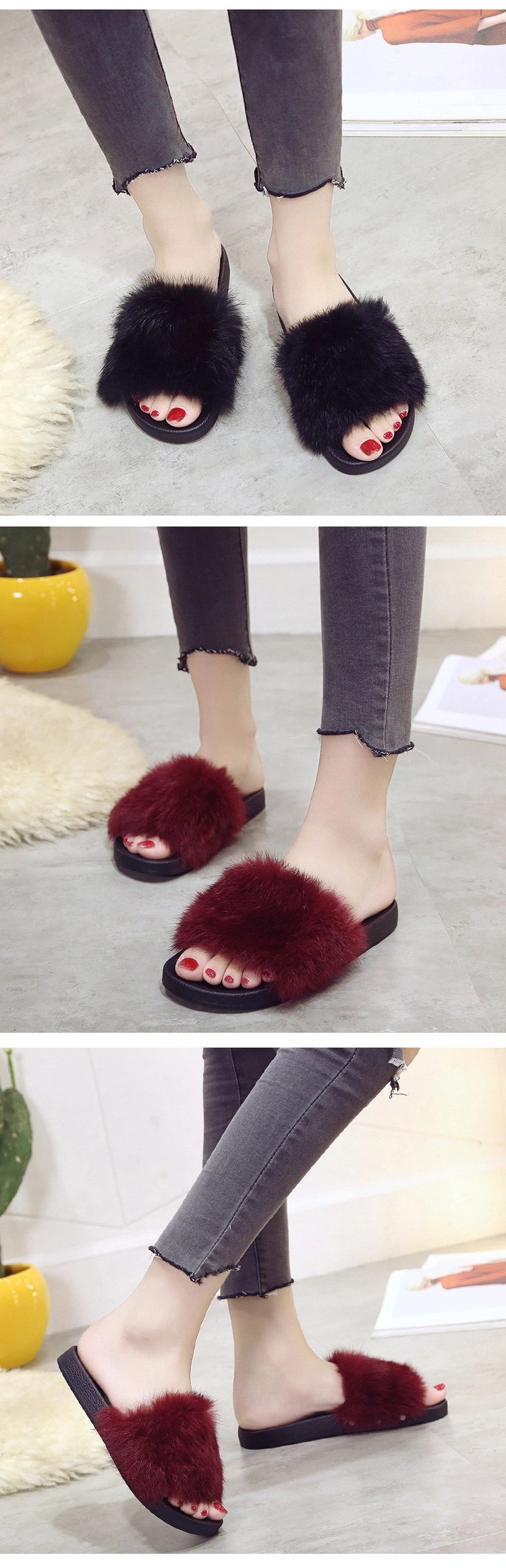 Fox Fur Slippers Sandals Furry Slides, Mink Fur Sandal Slides Slippers, Mink Fur Slides Slippers
