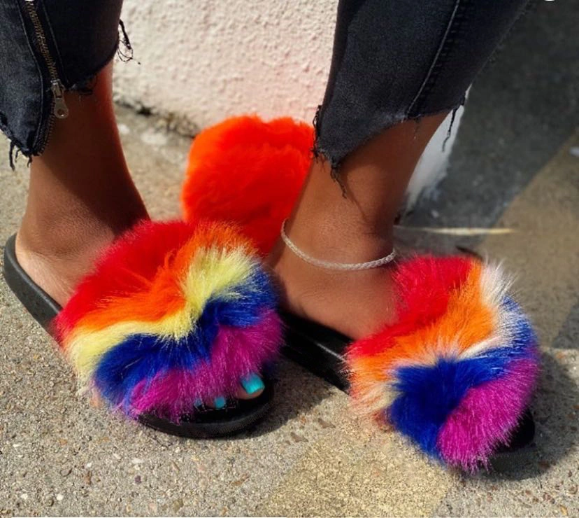 New Design Whoelsale Fur Slippers, Women Fashion Fox Furry Fluffy Sandals Slippers