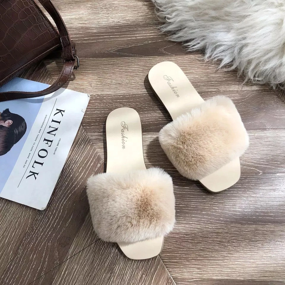 Ladies Fashion Fuzzy Fluffy Fur Indoor Outdoor Slipper Sandal