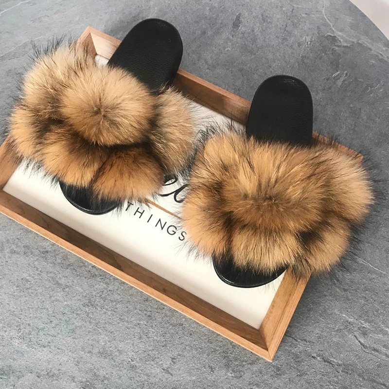 Fox Fur Ball Slippers Women, Fashion Fur Flat Slippers for Women Ladies, Wholesale Fur Slippers
