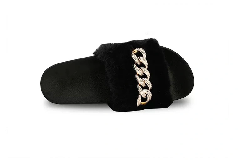 Lady Chain Diamond Fox Fur Slides Women Plush Sandal Chain Diamond Fur Slippers