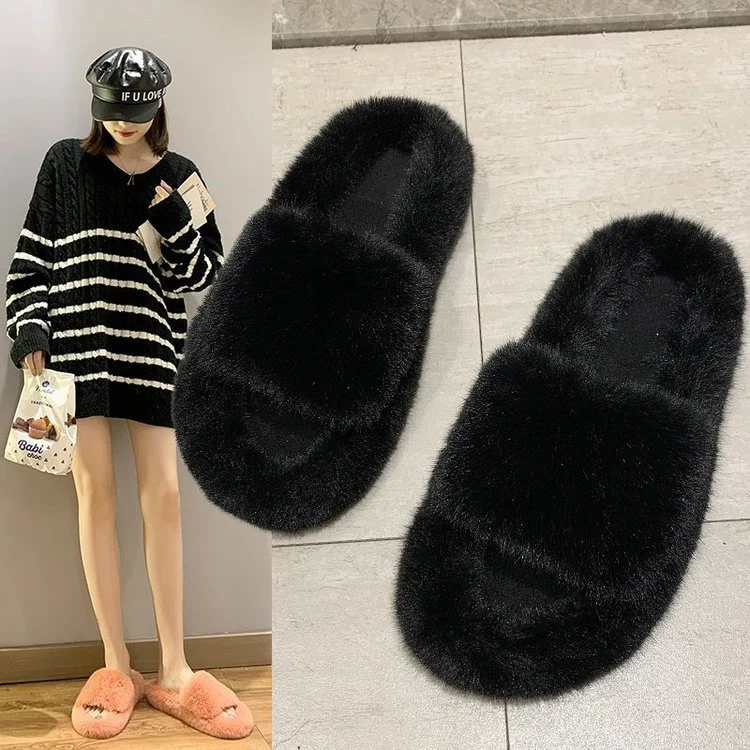 High Quality Wholesale Fur Slippers Women Slide Sandals Flat Bottom Rabbit Furry Slippers