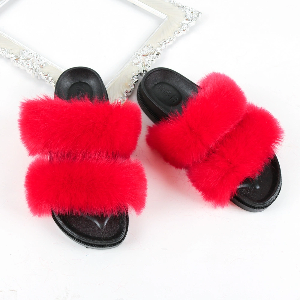 Wholesale Women Fur Slippers, 2 Straps Fur Slippers Sandals for Women Ladies