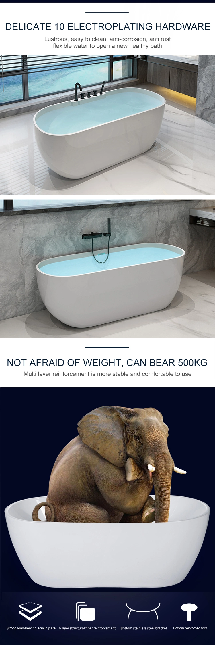Oval Design Acrylic Free Stand Soaker Bath Glossy White Bathtub