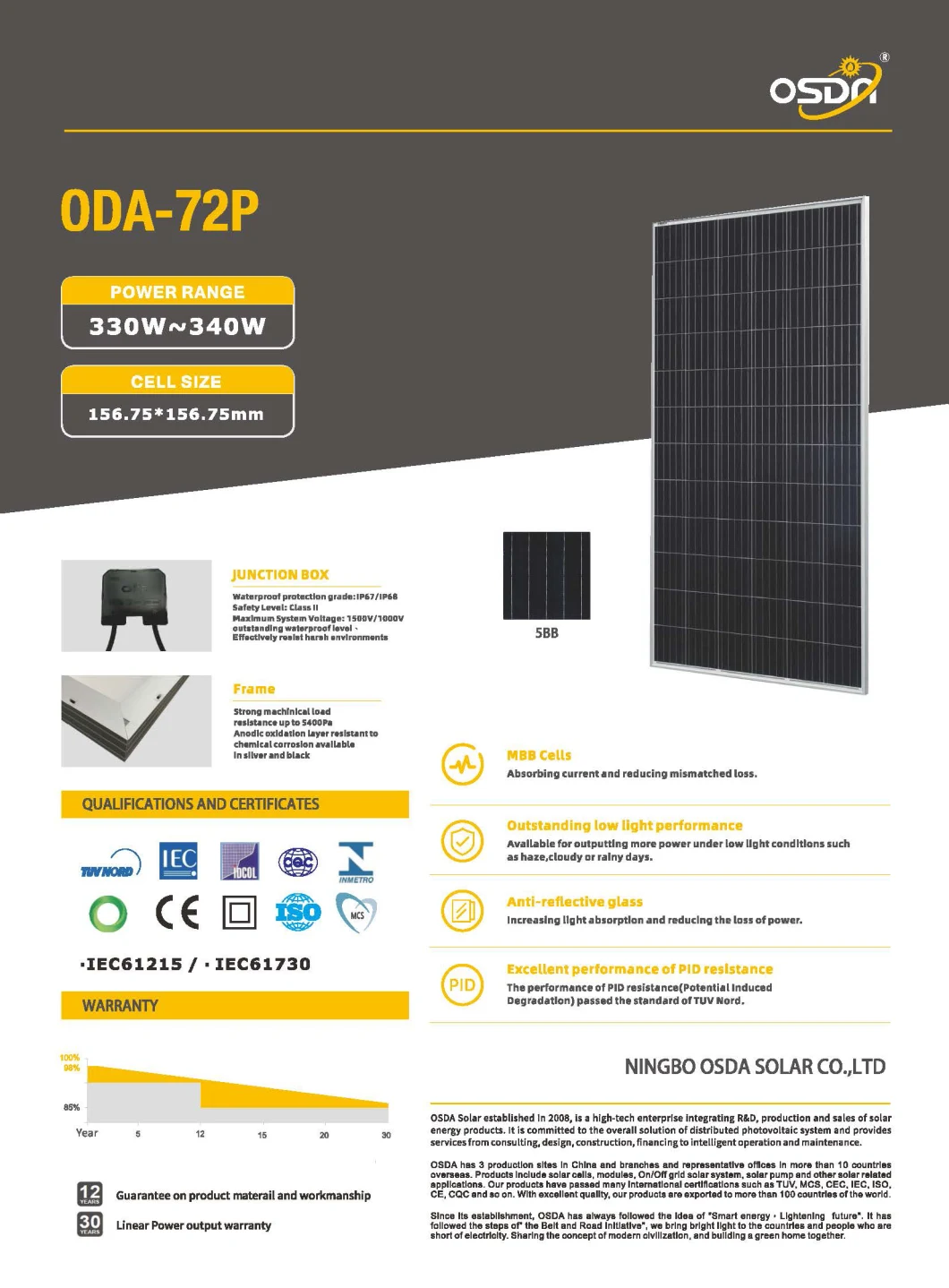High Efficiency TUV Approved 340W Poly Crystalline Solar Panel