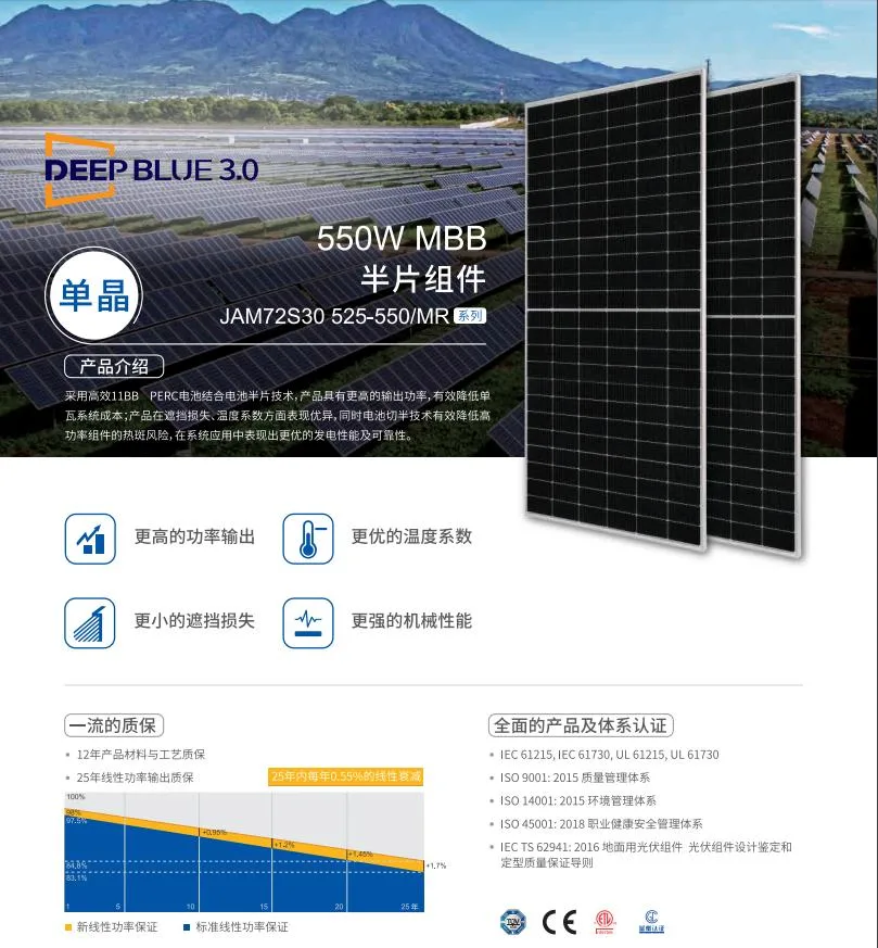 11bb Modules Ja Solar Panel 530W 535W 540W 545W 550W 144cells M10 Size Higher Power Output Manufacturers Photovoltaic Solar Panels