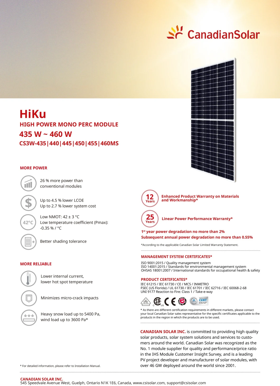 Mono Half Cell Canadian Solar Panel 440W 445W 450W 455W 144 Cells Mono Solar Power Panel