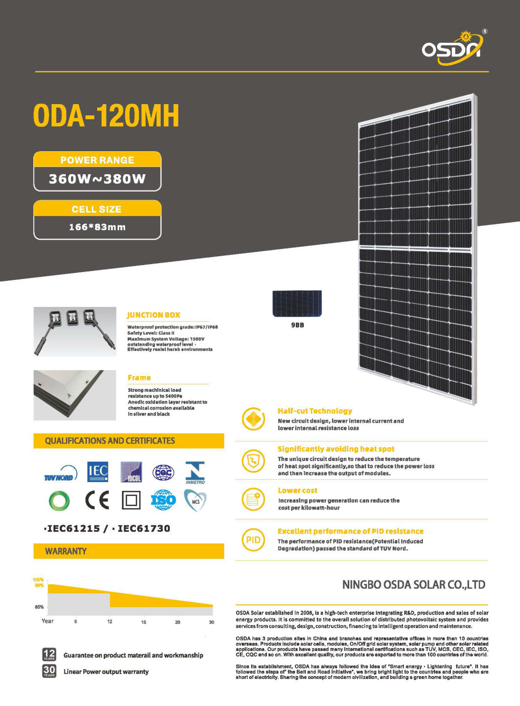 360W High Efficiency 9bb 120 Half Cells Solar Panel with TUV Certificate