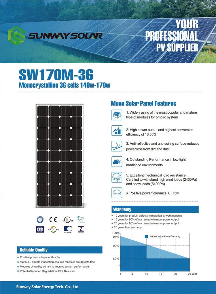 Mono 160W 170W 180W Solar Panel PV Panel with 36 Cells
