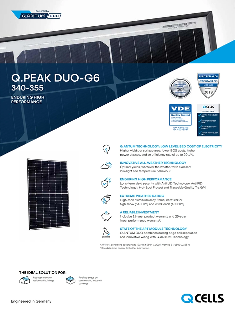 Germany Qcell 72cells 340W Standard Polycrystalline Solar Panel for Solar System