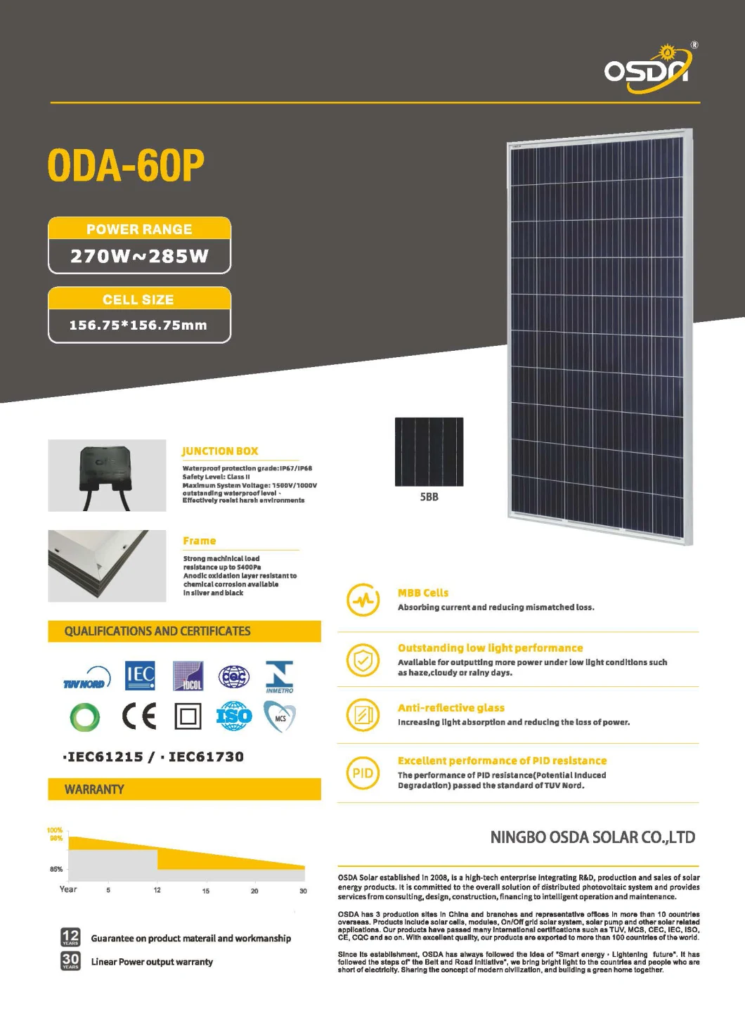 TUV&CE Approved 275W Poly Crystalline Solar Panel