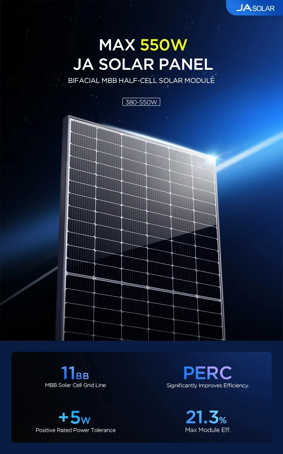 Ja Solar Panel Efficiency Photovoltaic 550W Mono Half Cut Cell Solar Panel for Home Solar Power System