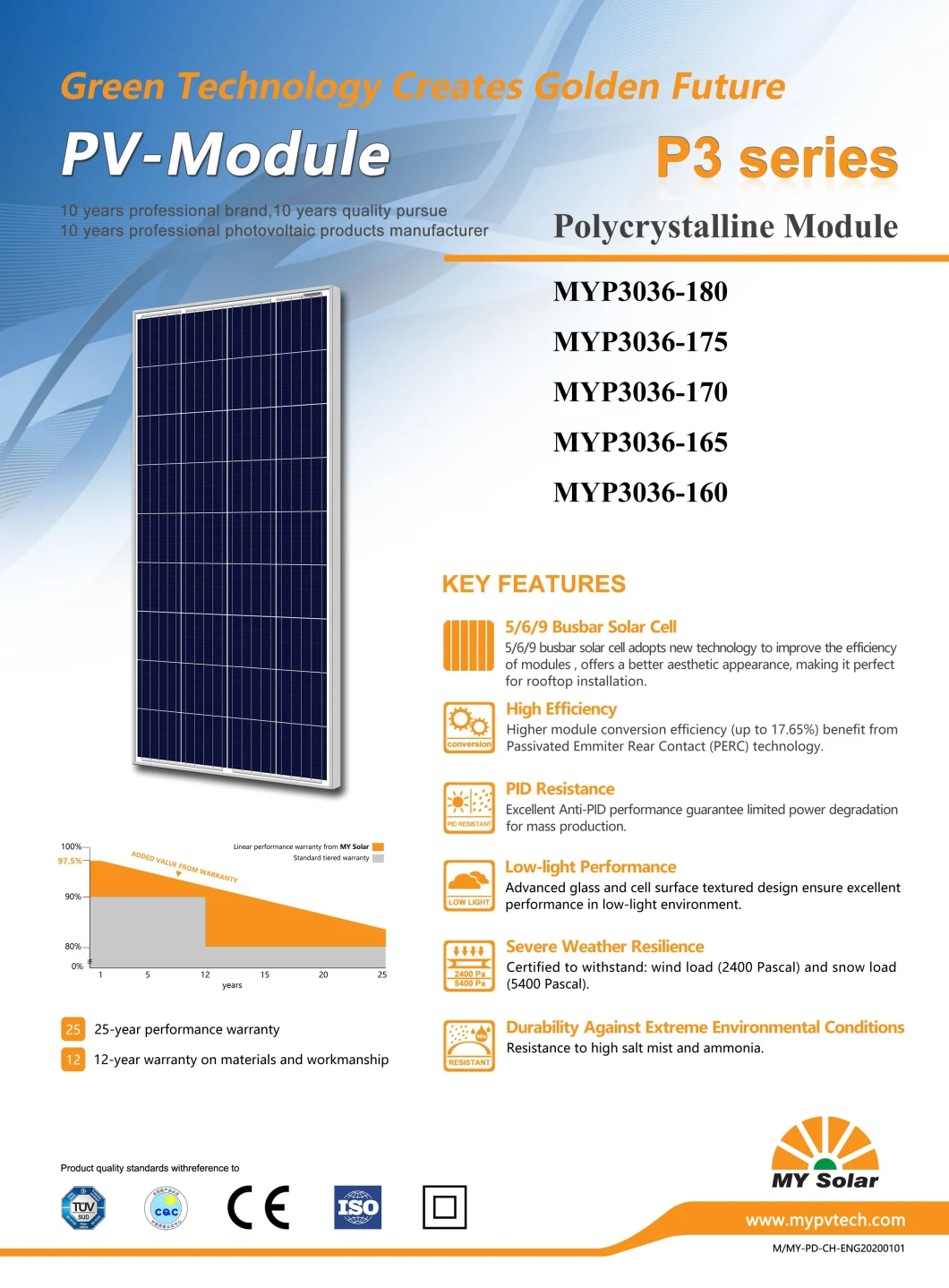 My Solar Mono Solar Panel PV Module 160W 165W 170W 175W 180W Perc Solar Module