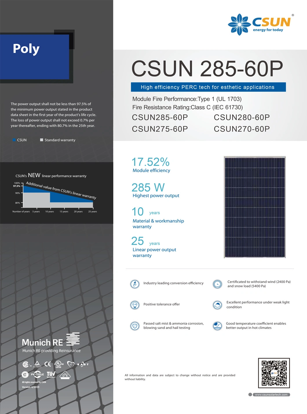 Csun High Efficiency 275W Poly-Crystalline Solar Panel