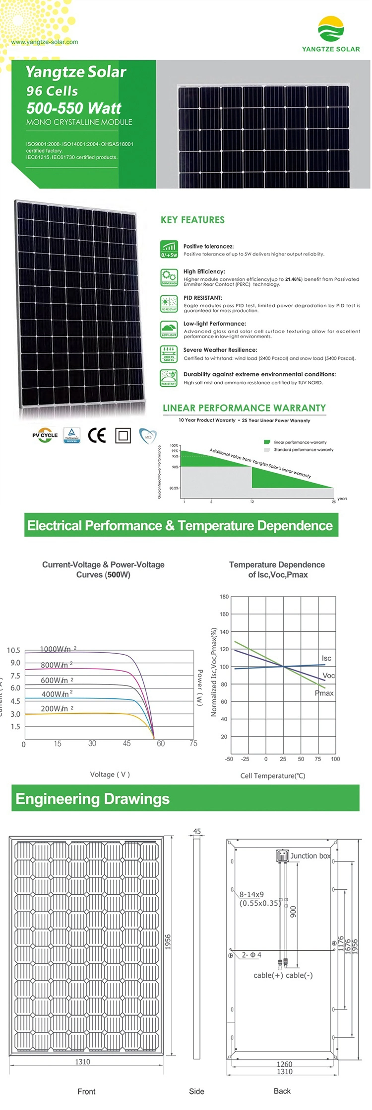Yangtze 25 Years Warranty Highest Efficiency 48V 500 Watt Single Solar Panel 550W