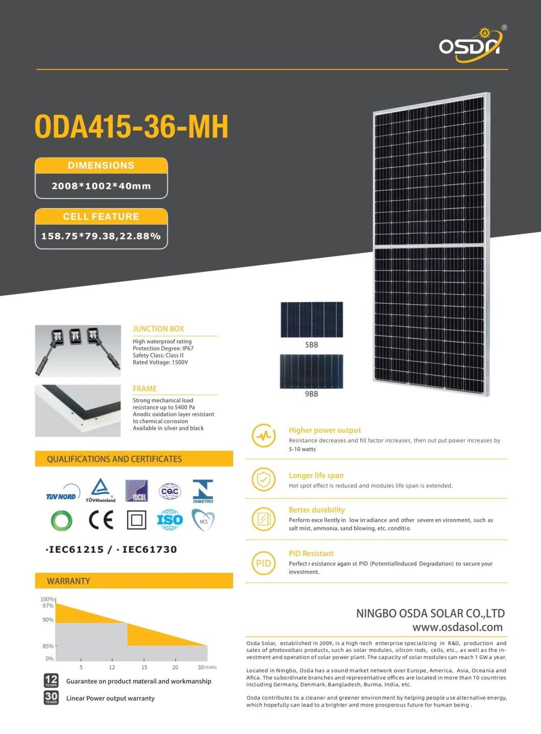 Osda Solar 415W Mono Half Cells Solar Panel with TUV CE Certificates