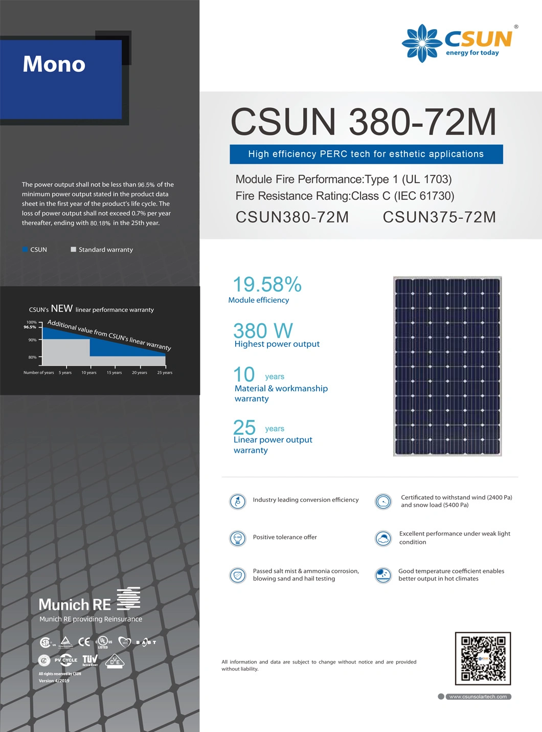 Csun Solar High Efficiency 72 Cells 375W Solar Panel