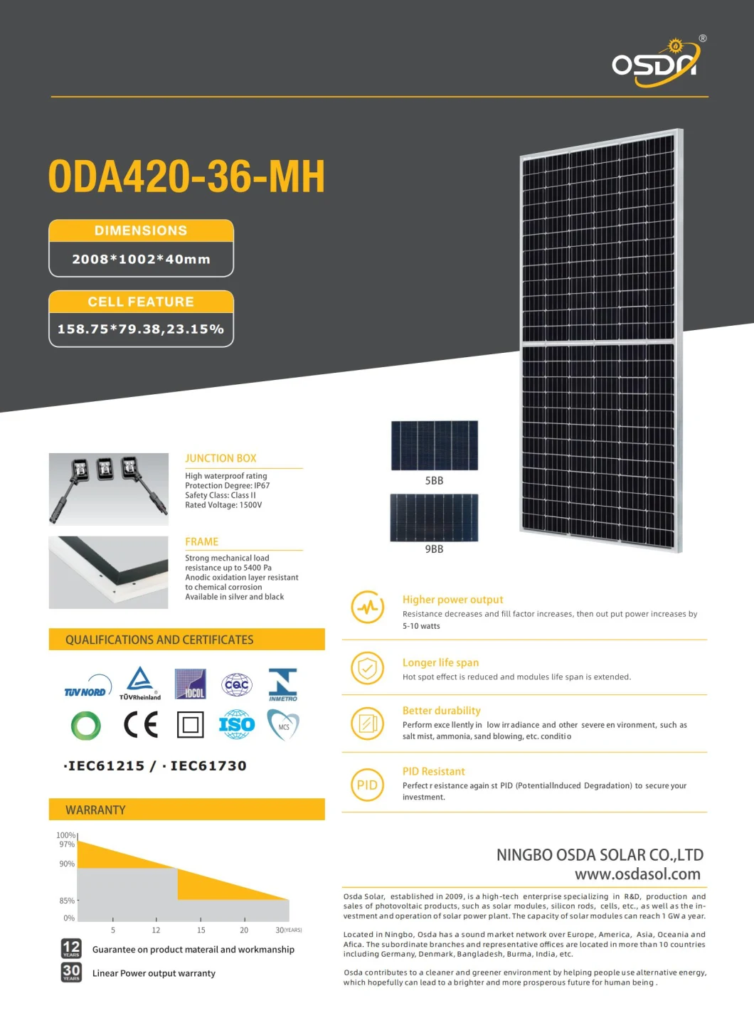 Osda Solar High Efficiency Perc Solar Cells 420W Mono Half Cells Solar Panel