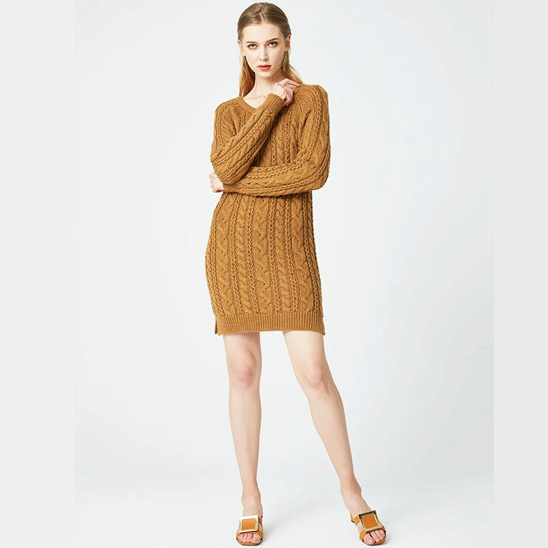 Women's Twisted Knitted Dress Round Neck Long Sleeve Pullover Sweater