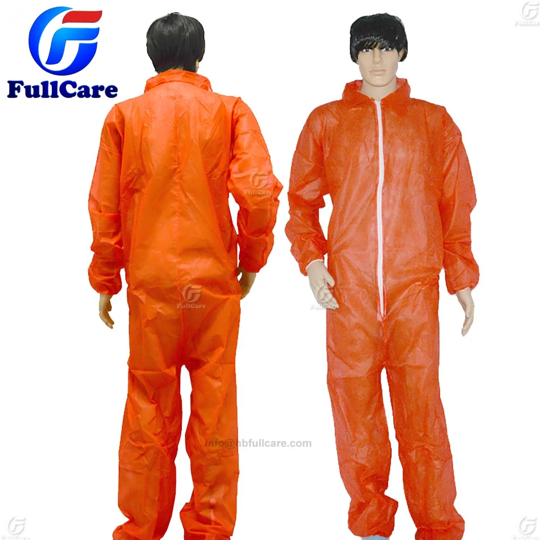 Xiantao OEM Orange Disposable Non Woven Coverall Without Hood Zipper Collor