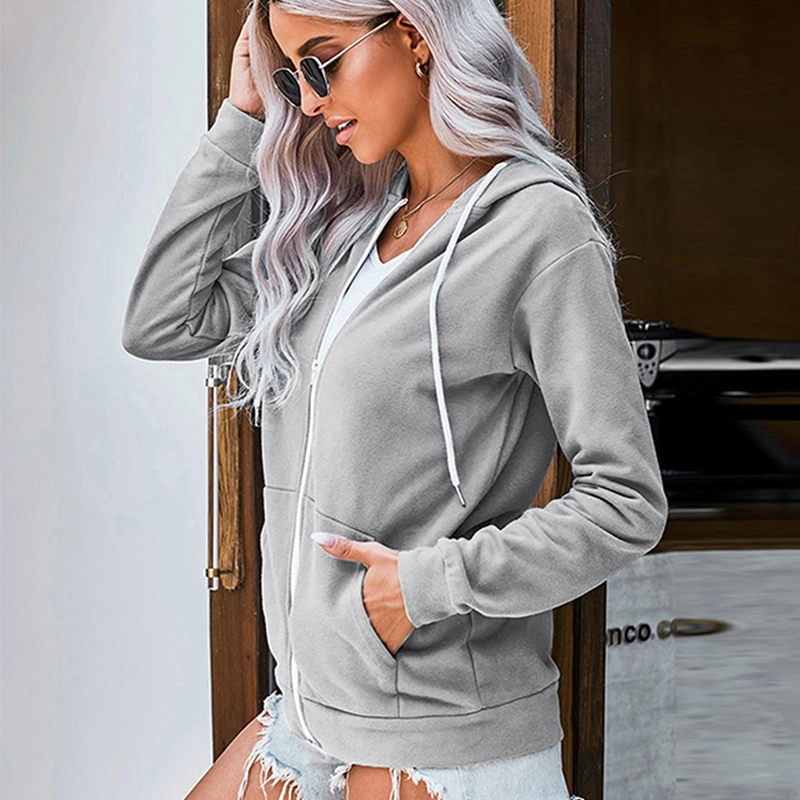 Ladies Long Sleeve Hooded Sweatshirt Jacket Woman Pocket Zipper Coat