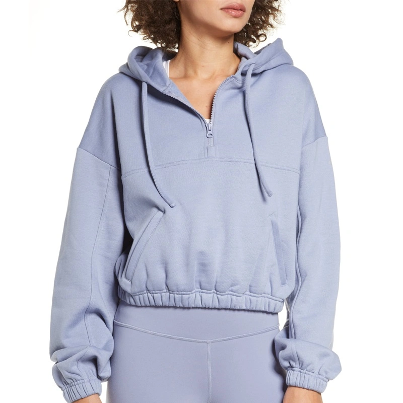 Drawstring Hood Half Zipper Pullover Women Long Sleeve Sweatshirt Hoodie