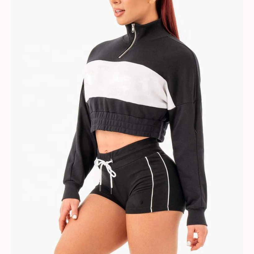 Wholesale Women Fashion Crop Top Hoodies Zipper Color Blocking Hoodies