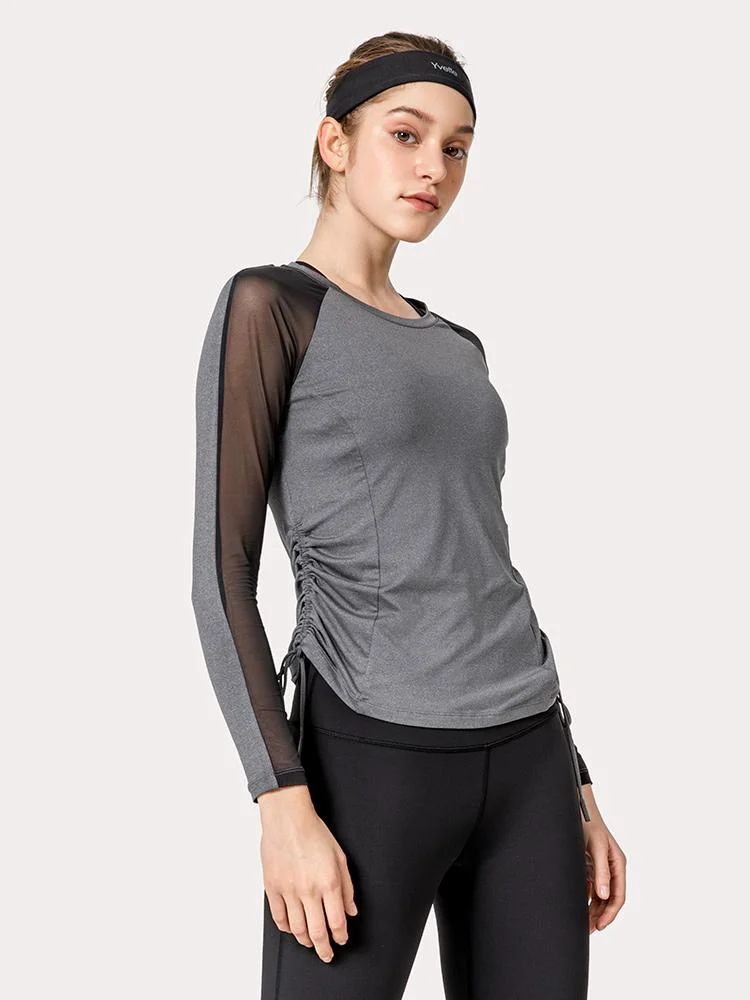 Tight Fit Sports T-Shirt with Mesh Contrast Fabric and Two-Side Drawstrings Women Clothing