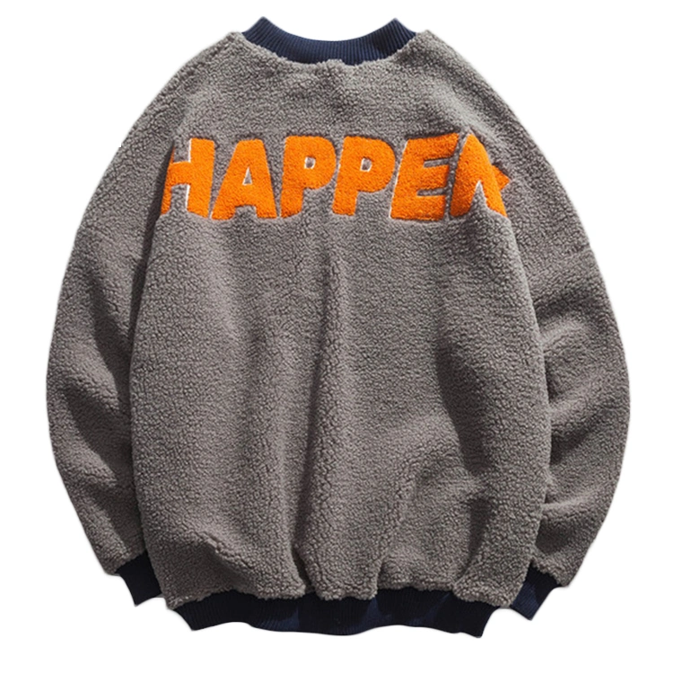 Letter 3D Embroidery Wholesale Sherpa Custom Men Crew Neck Ribbon Fleece Winter Pullover Sweatshirt