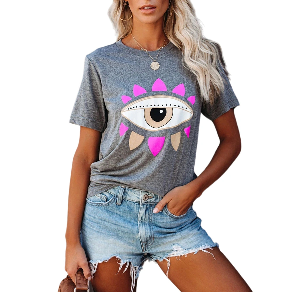 2021 Summer Women's Top Color Big Eye Print Round Neck Short Sleeve T-Shirt