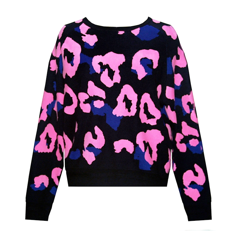 Pink Leopard Print Spring and Winter Ladies Knitted Pullover Women Knitting Long Sleeve Round Neck Sweater