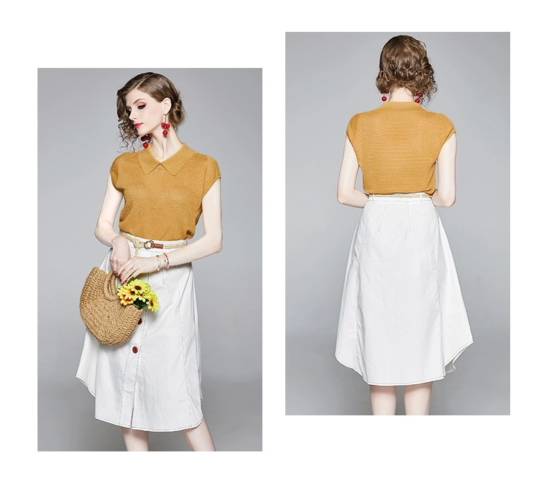 Fashionable Turtleneck Sleeveless Knit Top + Waist Line a Skirt Half Skirt