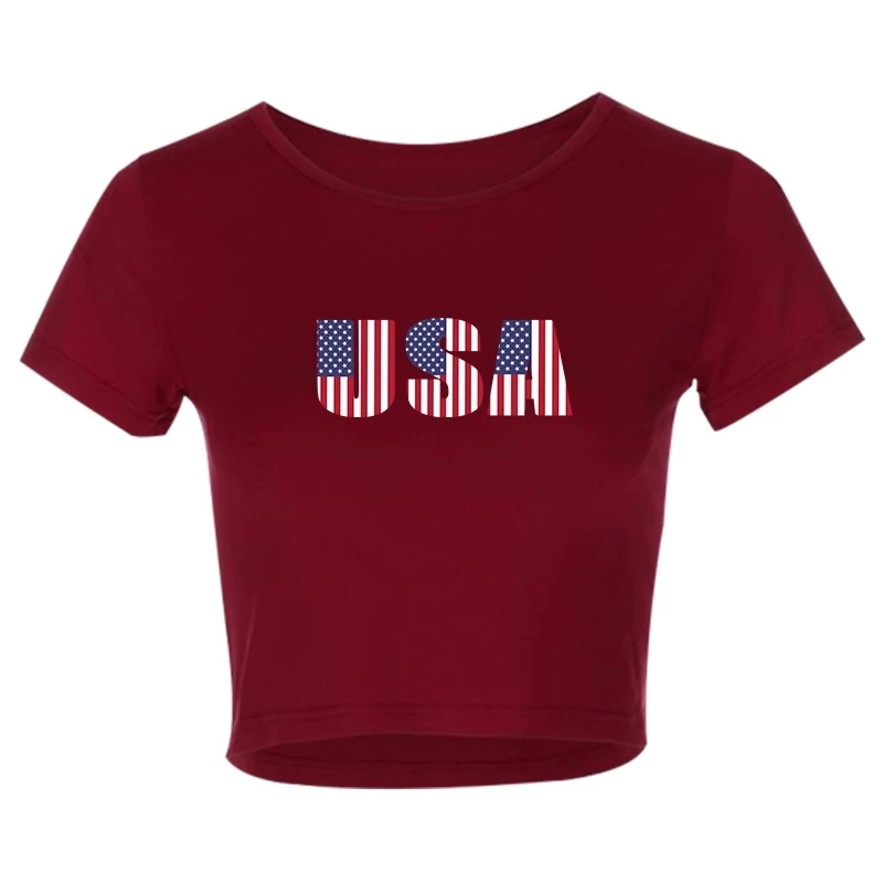 Women USA Print T-Shirt Short Sleeve Slim Short Type Sport Fitness T Shirt